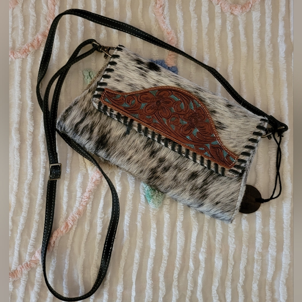 Cowhide Crossbody Bag with Tooled Leather Accent - Black & White